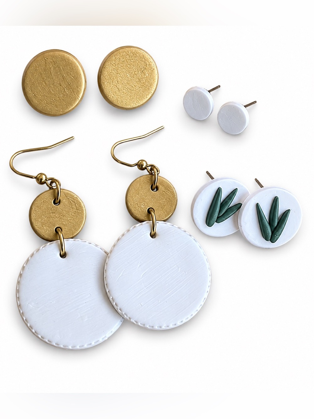 Gold and White Disc Dangle Earrings with Green Accent Studs